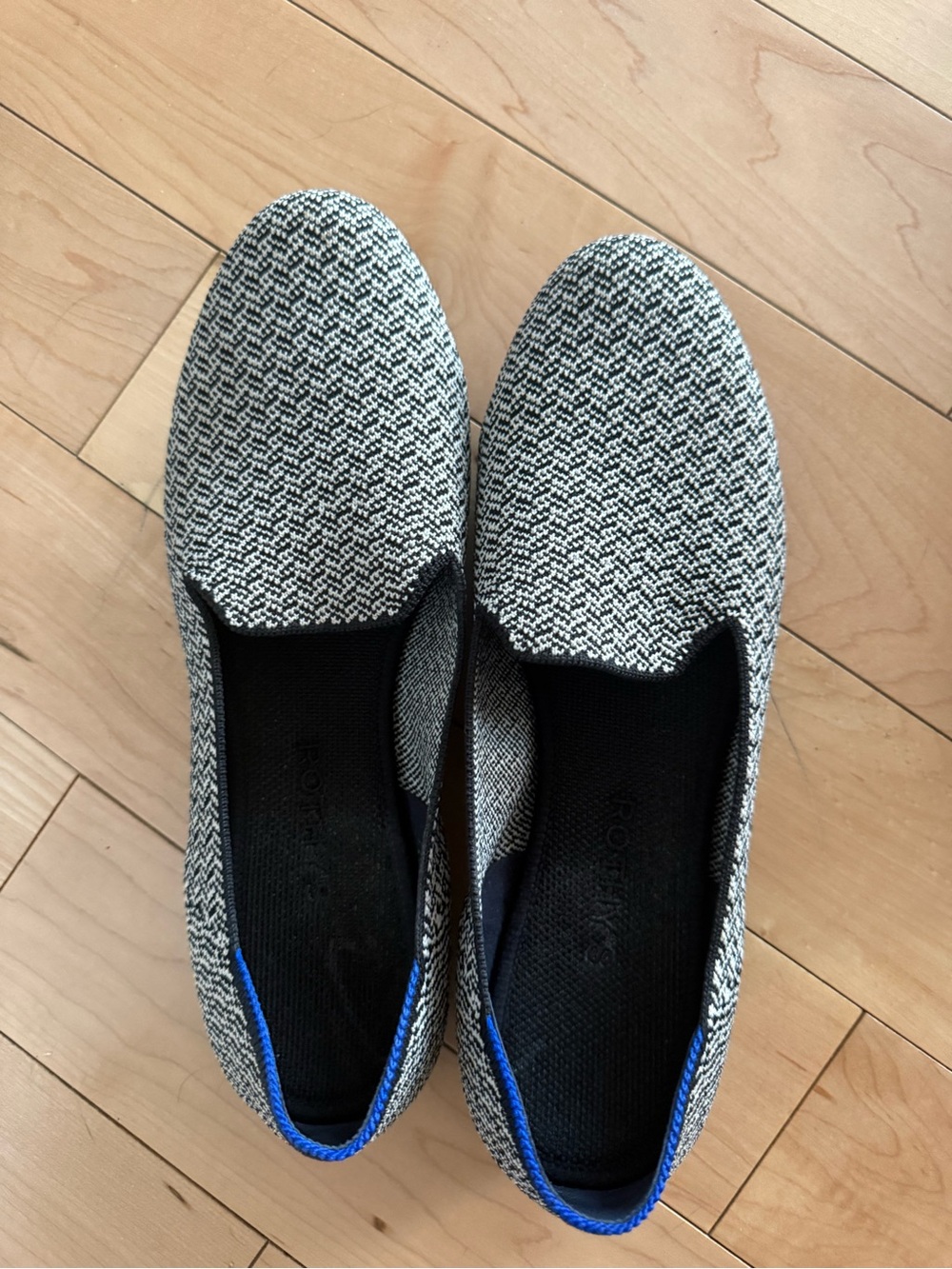 Rothy's Black & White Knit Flats with Blue Trim